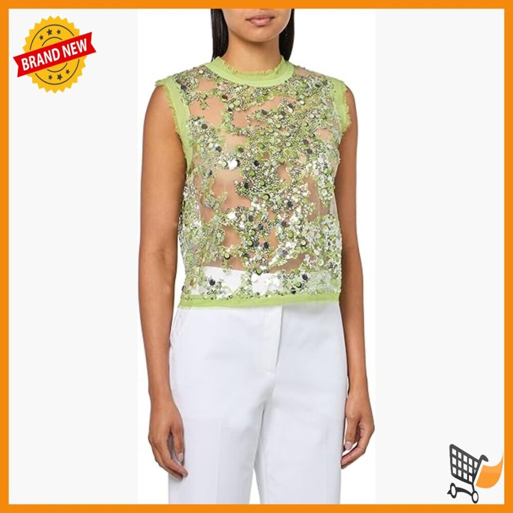 Sleeveless Sequin Blouse, Sheer Silk Blend, Back Button Closure